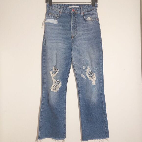 Zara Women's Frayed Hem High Rise Ripped Distressed Relaxed Ankle Jeans 2 EUC - Picture 1 of 10